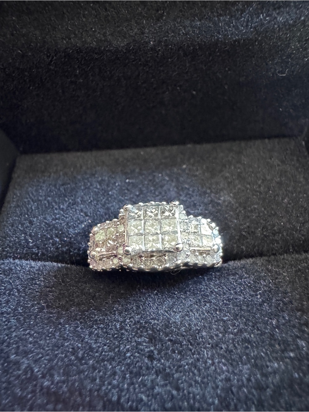 10K White Gold Natural Diamond Princess Cluster Halo Engagement - Picture 11 of 16